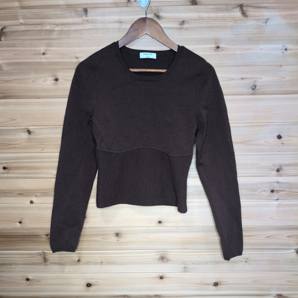 Babaton Aritzia Sculpt Knit Long Sleeve Top Brown Ribbed Empire Waist Large